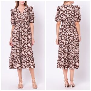 English Factory Crinkled Floral Short Puff Sleeve Brown & Cream Maxi Dress